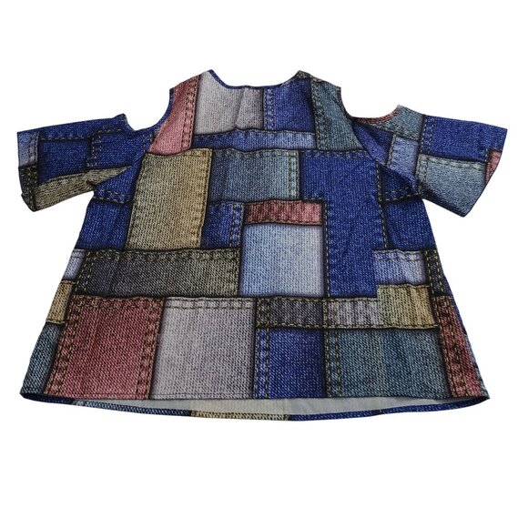 Shein Patchwork Denim Print Cold Shoulder V-neck Top Women Size XL US Size 12 - Picture 3 of 7